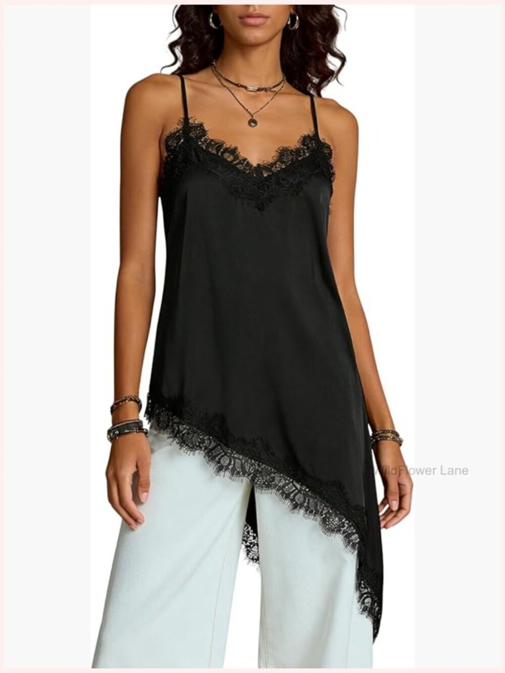 Asymmetrical Satin Camisole Top Lace Sleeveless Dressy Cami